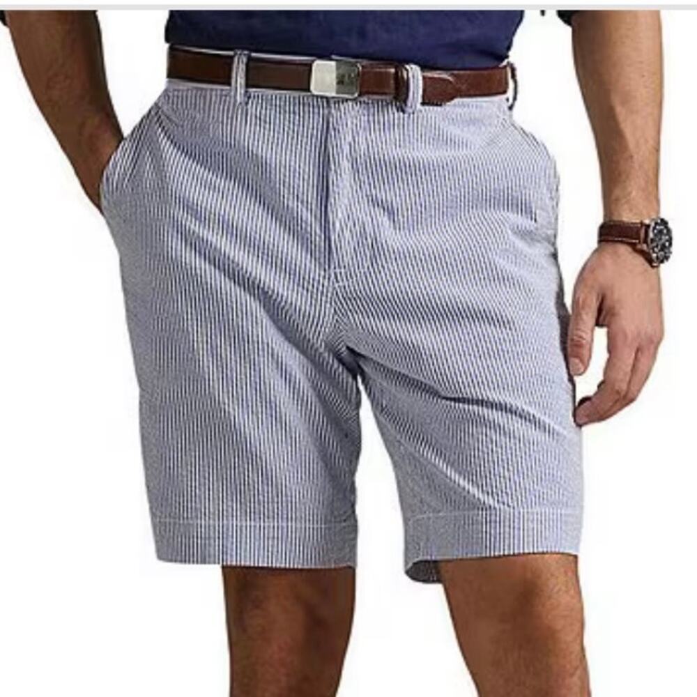 Polo Ralph Lauren Classic-Fit 100% Cotton Blue White Seersucker 12" Shorts 36